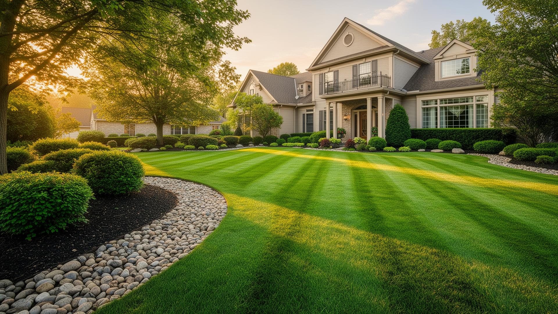 Manicured striped lawn with landscaped beds at sunset